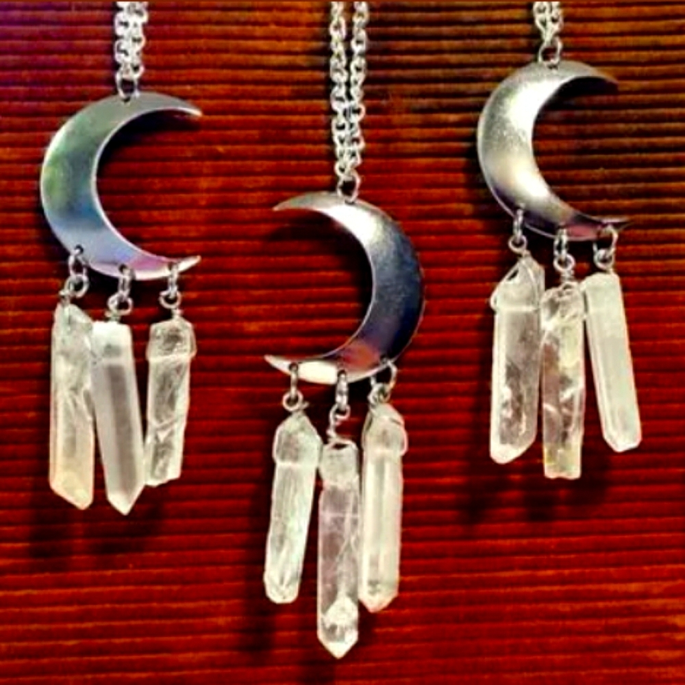 New! Silver moon With Dangling Crystals